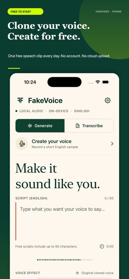 FakeVoice voice cloning screen on iPhone