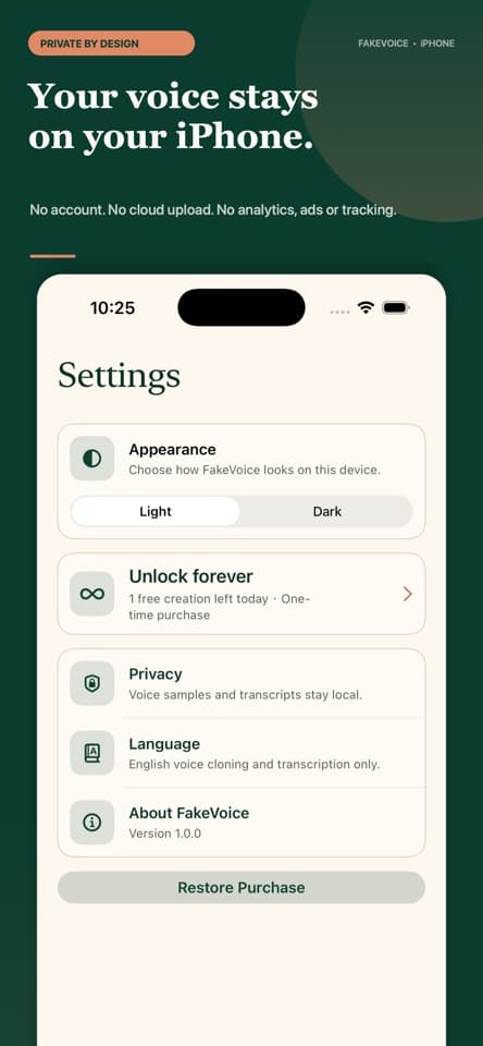 FakeVoice on-device privacy screen on iPhone